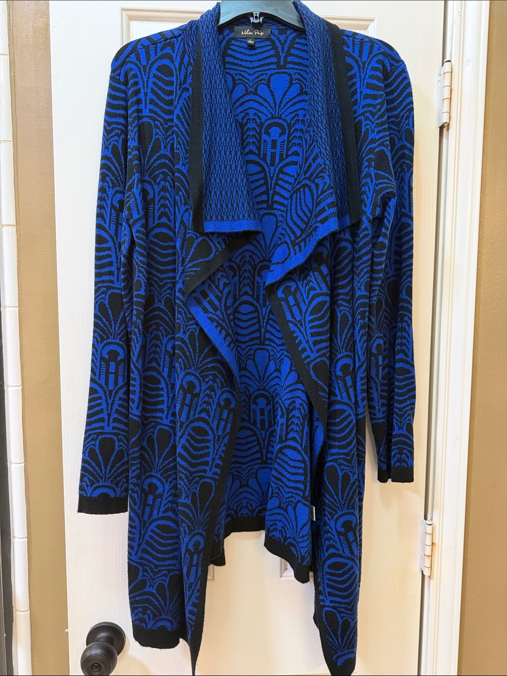 Melissa Paige Blue and Black Draped Open-Front Cardigan